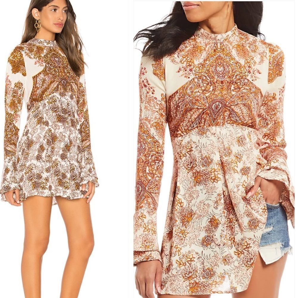 Free People Top Womens XS lady Luck Tunic Boho Paisley Open Back Ruffles New